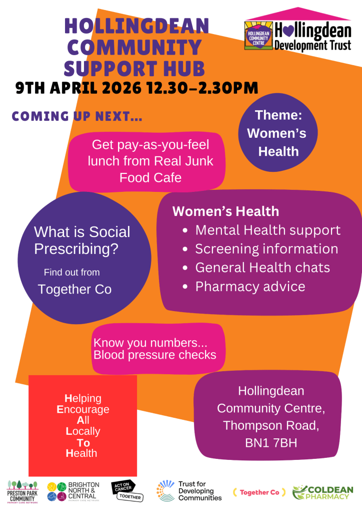 At Hollingdean Community Centre second Thursday of the month, 12.30 - 2.30pm